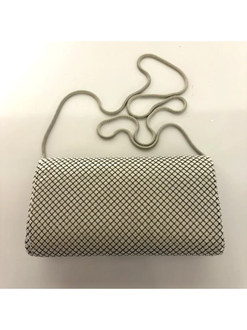 White Mesh Clutch Purse Shoulder Bag Gold Trim 80s Vintage Evening Prom Wedding